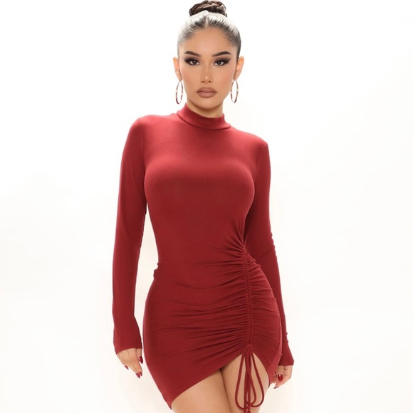 NWT - Fashion Nova Burgundy Ruched Dress - Picture 1 of 3